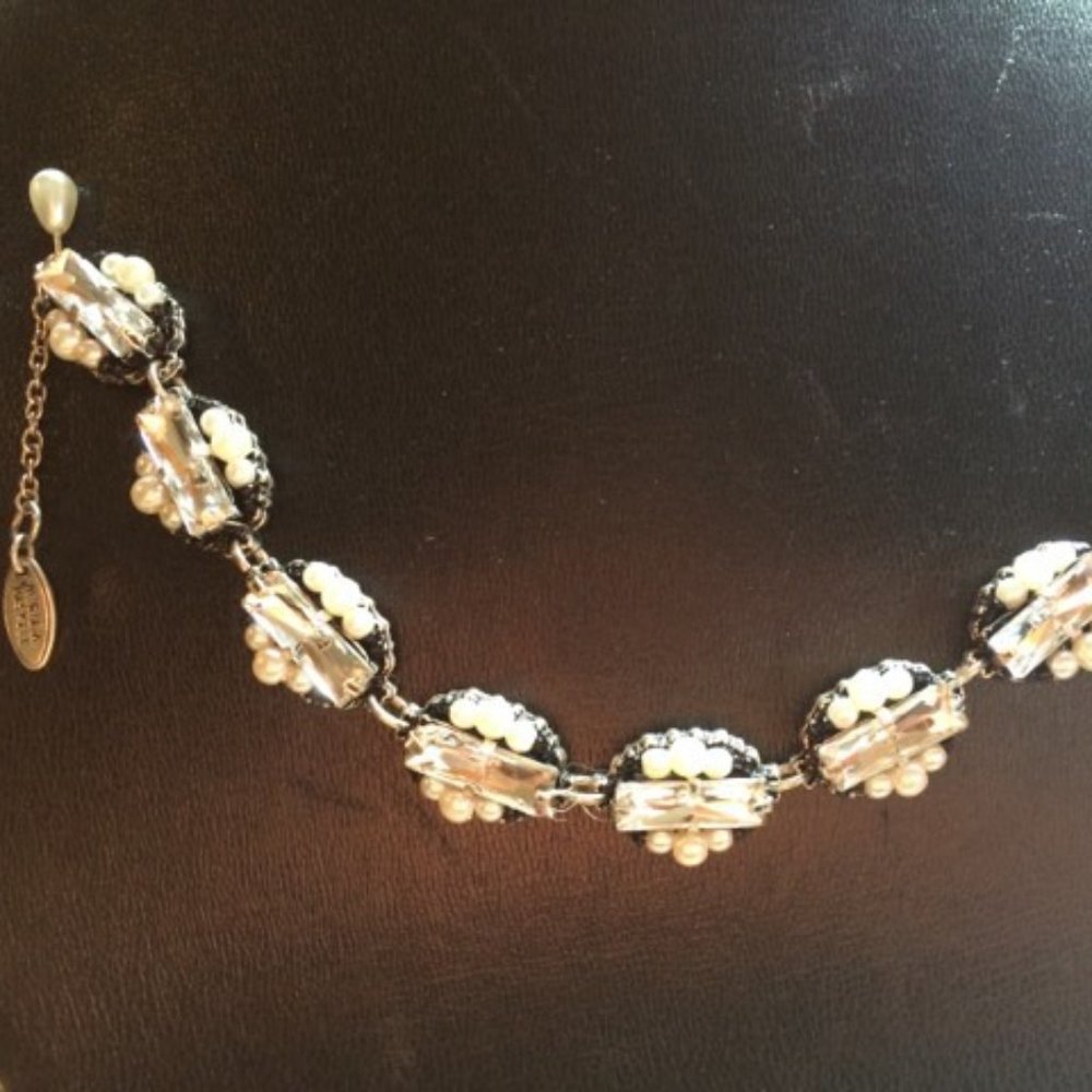 Miriam Haskell bracelet filigree, vintage faux pearl & rhinstone